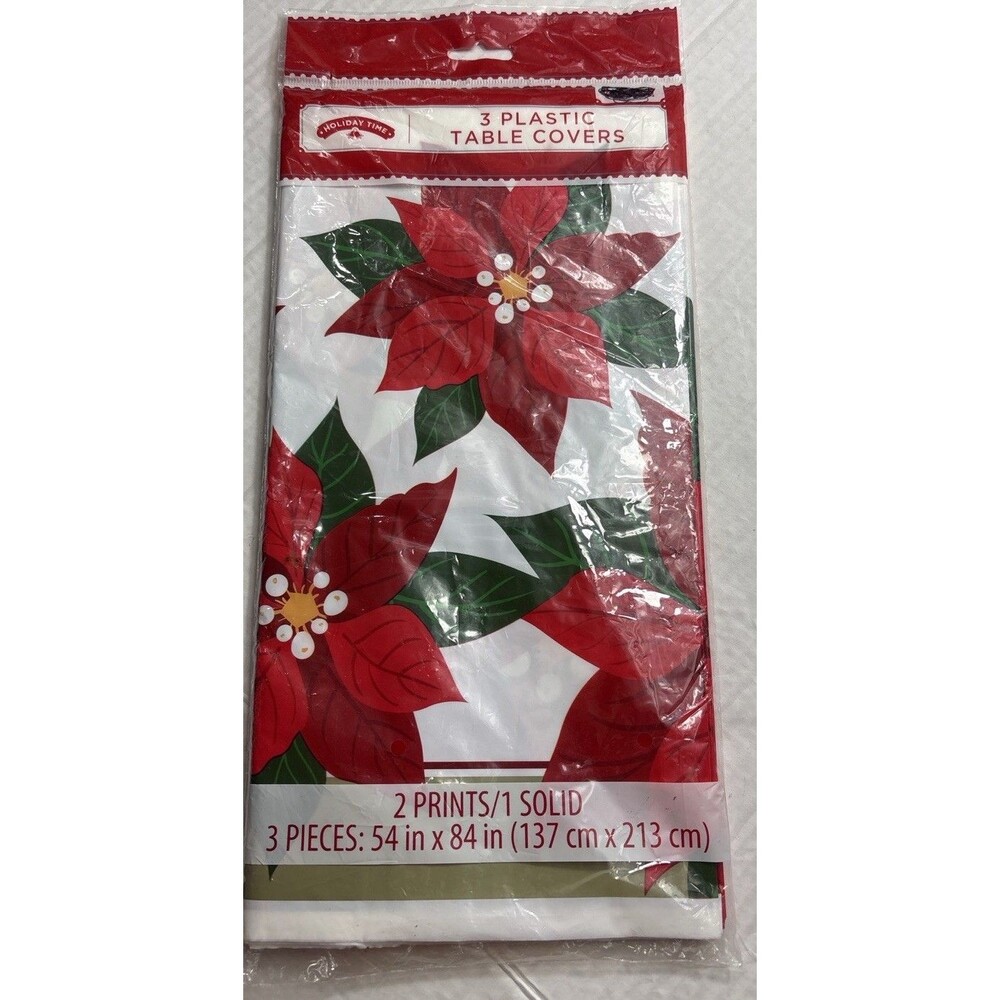 Holiday Time Christmas Poinsettia Table Covers 3 Pack Plastic 54x84